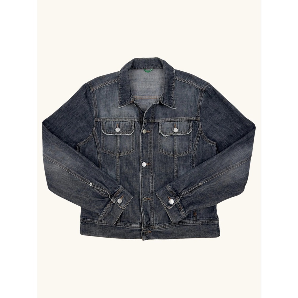 United Colors of Benetton Dark Wash Denim Trucker Jacket Mens Faded Distressed L